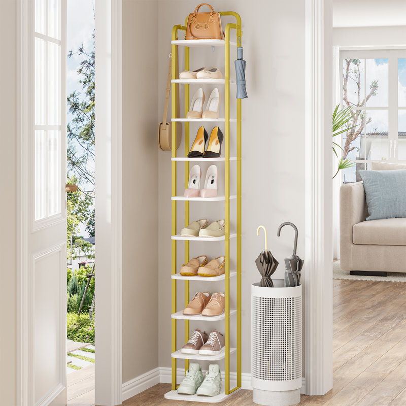 10 Tiers Vertical Shoe Rack, Narrow Shoe Tower, Tall Shoes Shelf with 2 Hooks, Adjustable Shelves, Corner Shoes Shelves for Small Spaces, Entryway, Living Room, White Gold