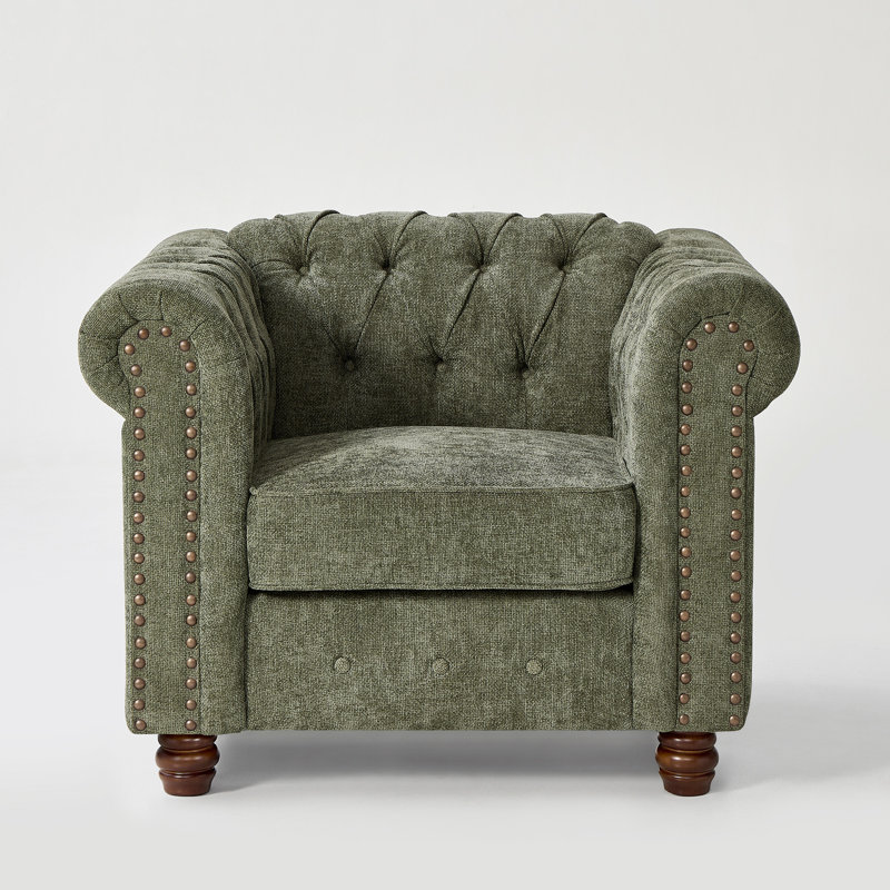 Fauteuil Chesterfield Perry en chenille, canapé moderne de style campagnard avec accoudoirs arrondis et garniture cloutée