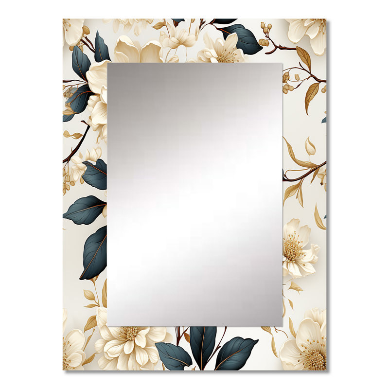 Cathyjo White Lace Inspired Botanicals - miroir mural décoratif floral, miroir floral, impression d'art en métal