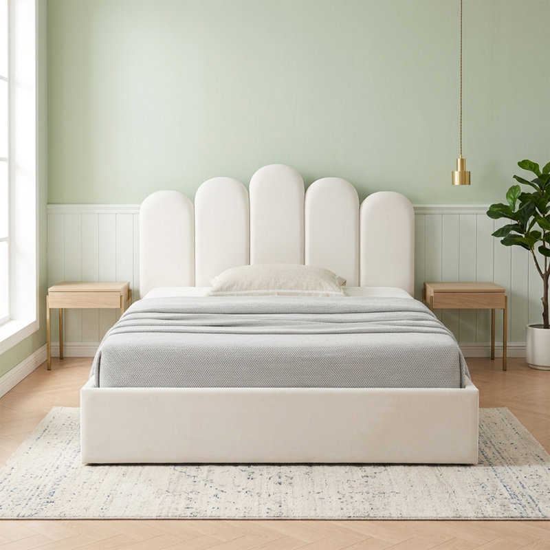 Petal Palm Headboard Upholstered Platform Bed with Gas Lift Storage, Queen, White Velvet, Queen, White