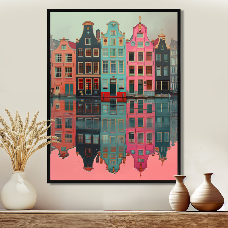 Décoration murale Amsterdam, canal gris et rose II - décoration murale Amsterdam, H 32 po x l 24 po x P 1 po