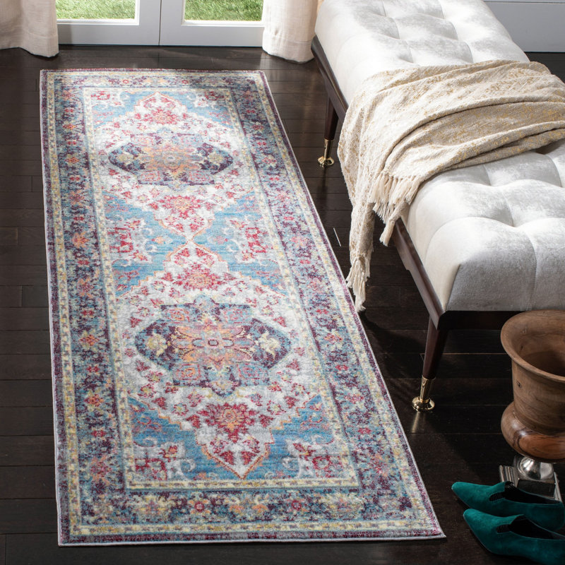 Tapis bleu / mauve Emberlin, Tapis de couloir 2 pi 6 po x 7 pi 9 po