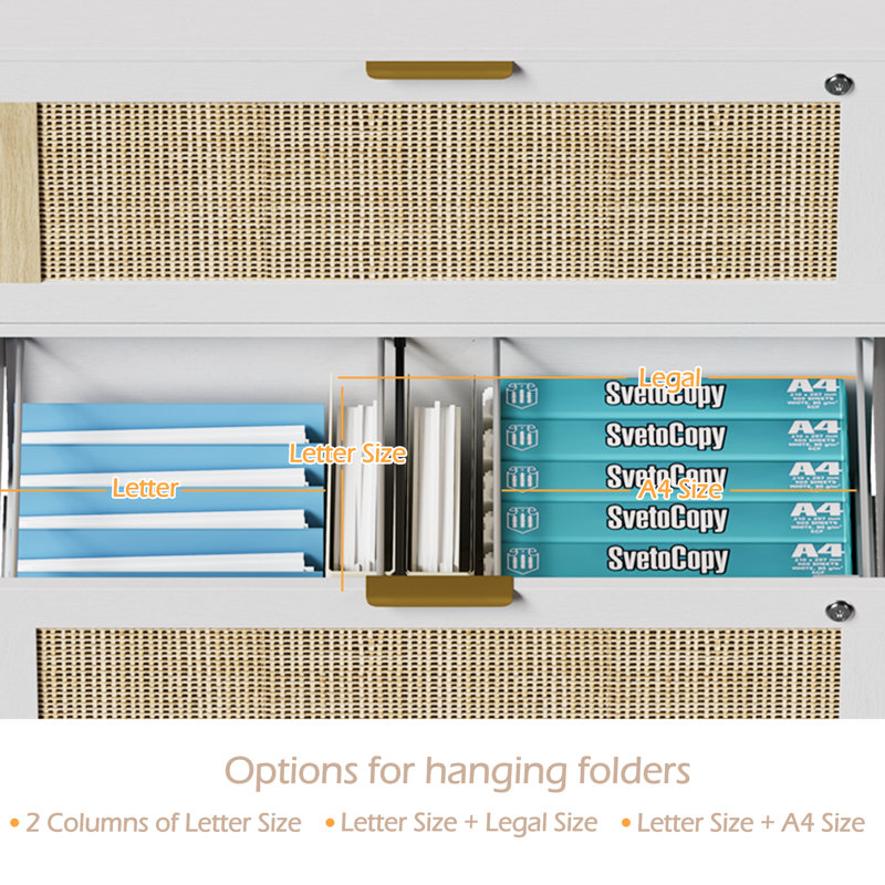 31.1"W Rattan File Cabinet With 2 Drawer & Lock, White