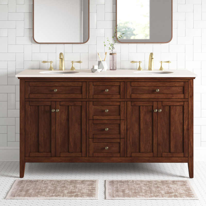 Ain 60'' Double Bathroom Vanity with Marble Top, Cream, Teak