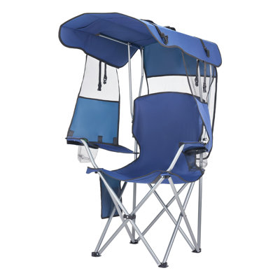 Chaise de camping avec abat-jour, chaise de plage pliante avec auvent et porte-revues, 2 porte-gobelets, support robuste de 330 lb, sacs de transport pour l'extérieur, le camping, la pêche, les hayons, bleu foncé