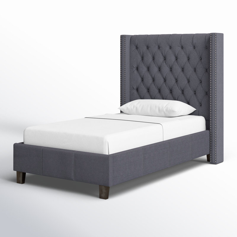 Lit plateforme tapissier à profil bas Ashton, Tissu texturé en lin gris, Simple