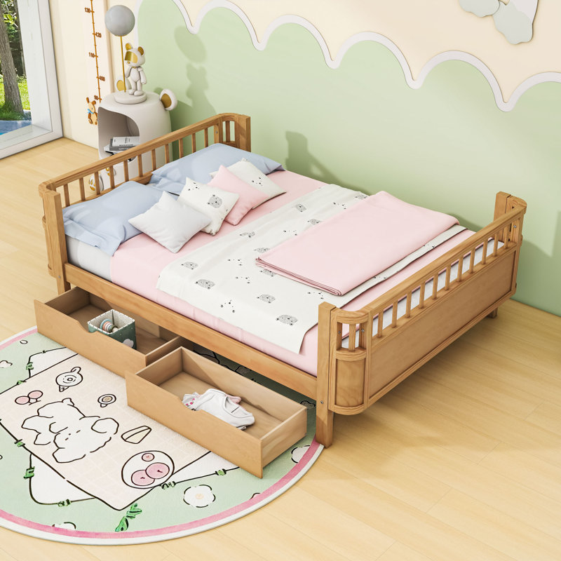 Wood Platform Bed With 2 Drawers And Fence, Natural, Full