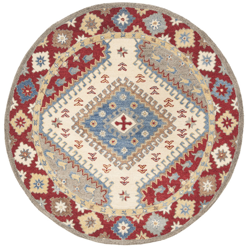 Tapis rouge / ivoire / bleu en laine / coton touffeté à la main Armintha, Rond 6 pi