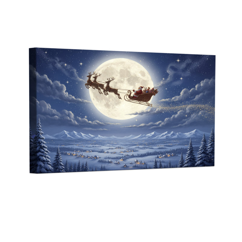 «Christmas Santa Flying Sleigh Moon Night Landscape Snow Trees Stars», ensemble de 3 impressions sur toile, H 20 po x l 30 po