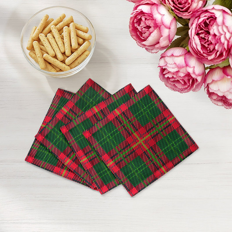 Serviettes cocktail en satin de coton tartan, Vert