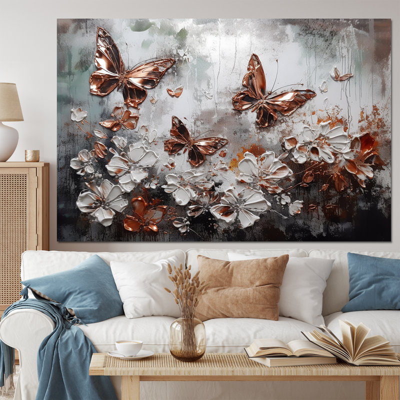 «Rose Gold Butterfly Wings And Flowers IV», reproduction d'art sur toile florale