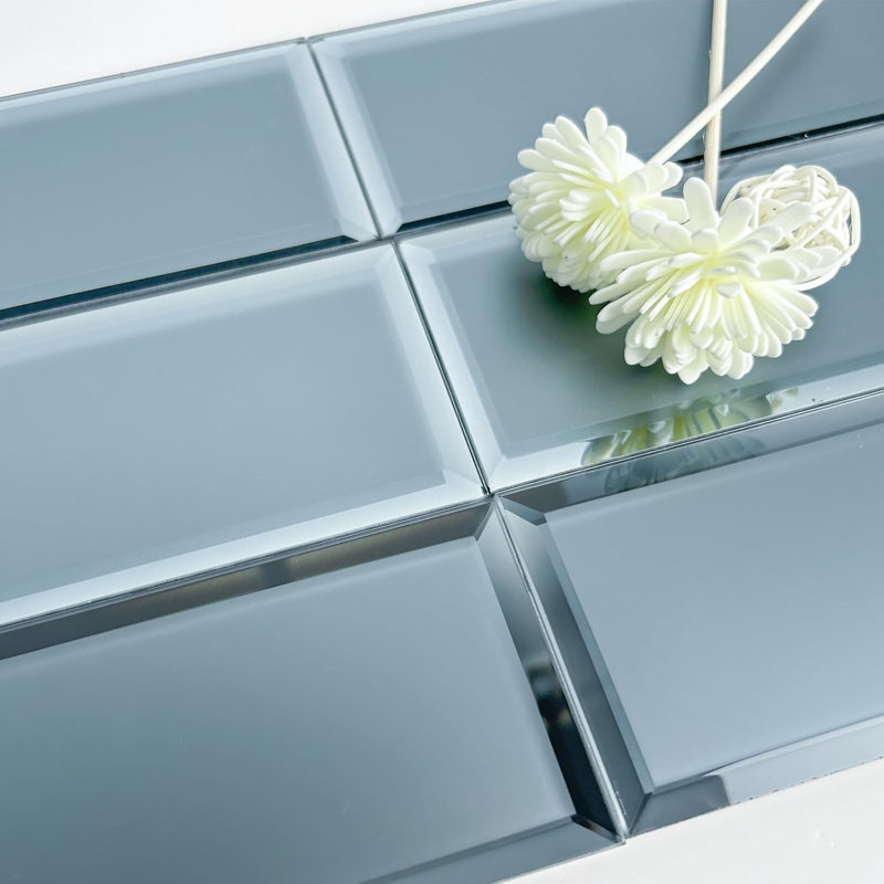 Reflections 3" x 12" Glass Mirror Subway Tile, Graphite Blue