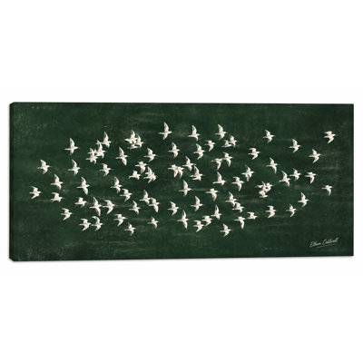 Tableau panoramique sur toile tendue représentant des oiseaux en vol vert émeraude