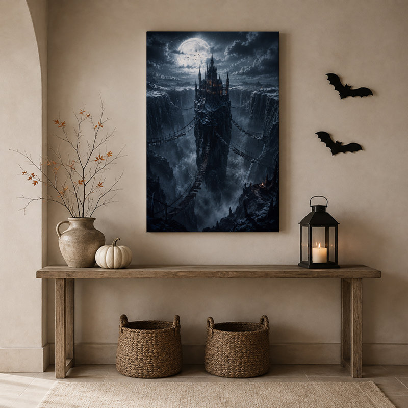 Impression sur toile, "Dark gothic Castle on Tall Rocky Spire Under Full Halloween", H 18 po x l 12 po