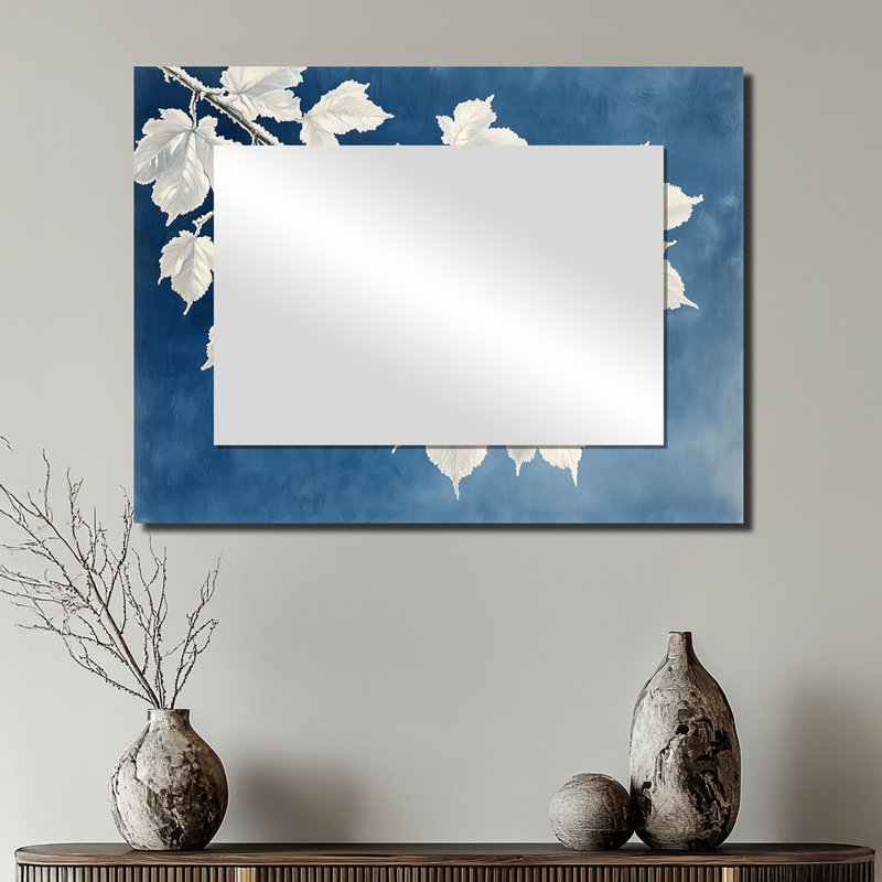 Miroir d'appoint mural blanc avec feuilles givrées blanches II - imprimé sur métal, 24 po x 32 po