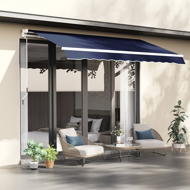Auvent de jardin rétractable 10 pi x 8 pi - Bleu et eau - Parasol, avec cadre en aluminium et manivelle pour patio, terrasse, couverture de balcon,