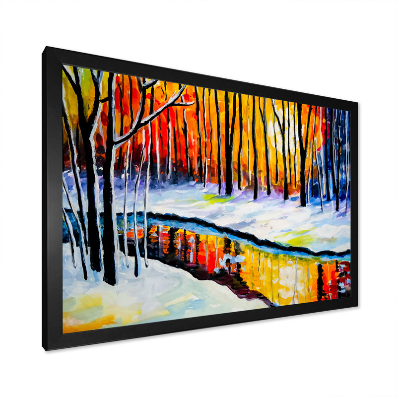 «Winter Landscape River And Forest», reproduction sur cadre flottant sur toile, Cadre photo noir, H 24 po x l 36 po x P 1 po