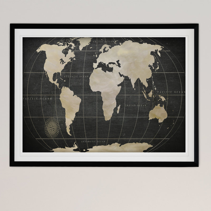 Carte du monde rétro - reproduction de cadre photo, Noir, H 24 po x l 30 po x P 1,5 po