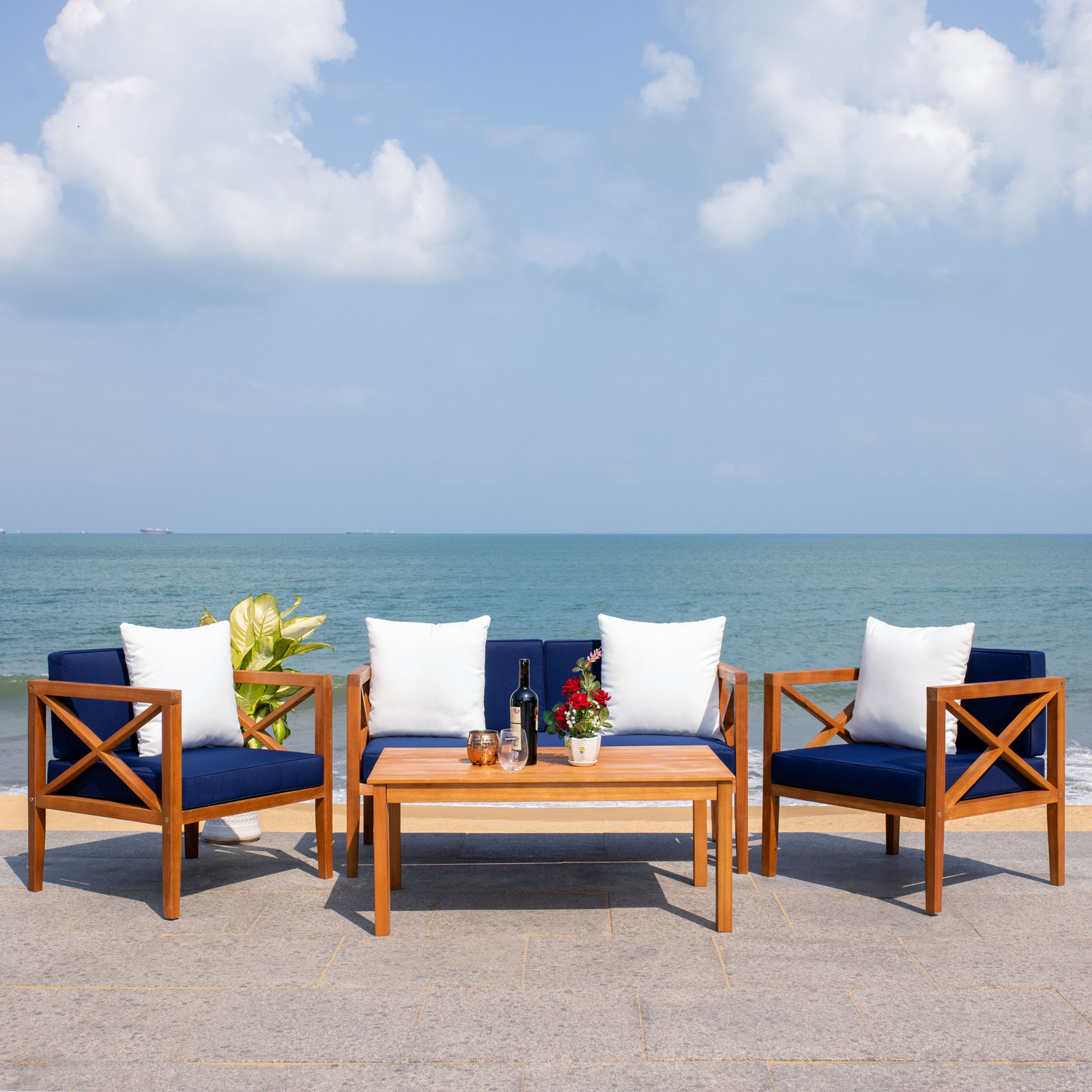 Mondovi Eucalyptus 4 - Person Patio Conversation Set with Cushions, White, Natural Frame/Navy Cushion