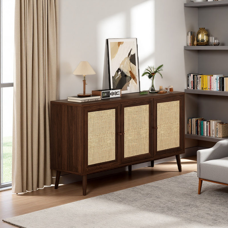 Sideboard Buffet Cabinet With 3 Rattan Doors,Modern Kitchen Storage Console Cabinet For Entryway Living Room, Walnut