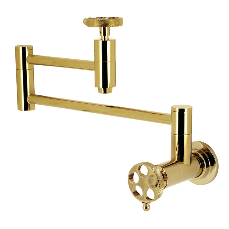 Kingston Brass Webb Two-Handle 1-Hole Wall Mount Pot Filler Faucet with Knurled Handle, Polished Brass