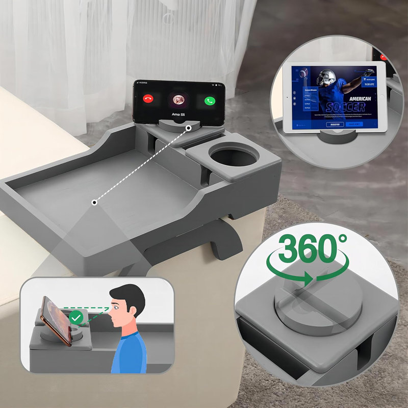 Porte-gobelet 4-en-1 avec support pour téléphone et plateau latéral - Organisateur de canapé multifonctionnel pour les boissons, la télécommande, les collations et les tablettes