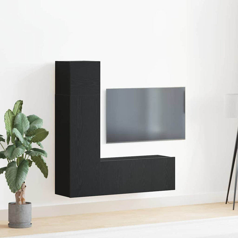 TV Cabinet Set Wall-Mounted 3 Pcs Black Oak, 140cm H x 130.5cm L x 30cm W