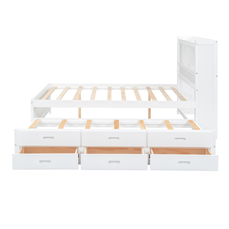 Full Size Storage Platform Bed with Trundle, 3 Drawers and USB Ports, Headboard with Shelves, Solid Wood, No Box Spring Needed