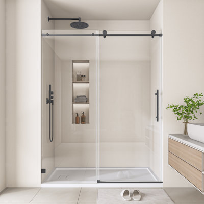 60 In. W X 60 In. H Frameless Single Sliding Shower Door With 5/16 In. Tempered Clear Glass In Matte Black