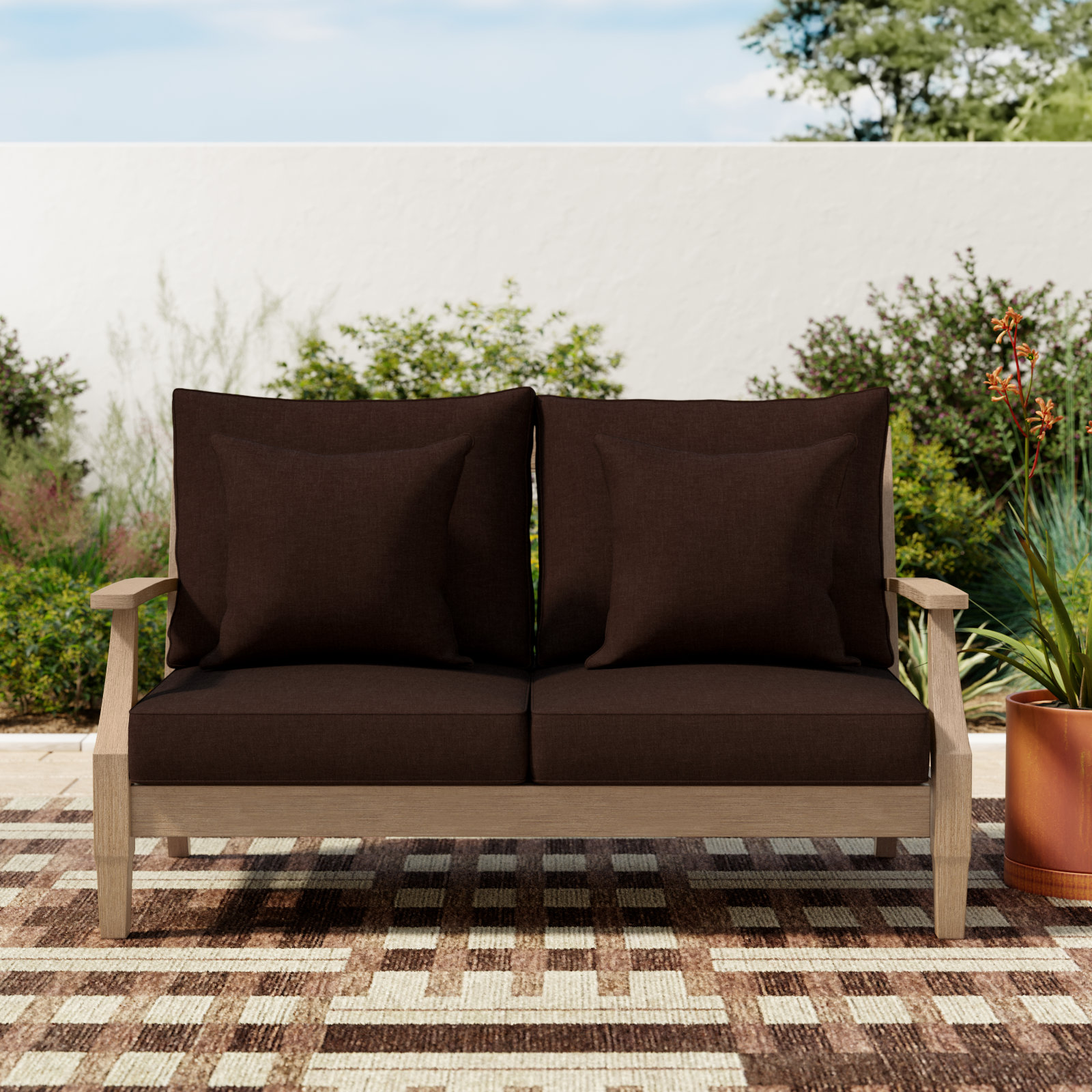 Samya Outdoor Loveseat with Cushions, Natural/Dark Brown