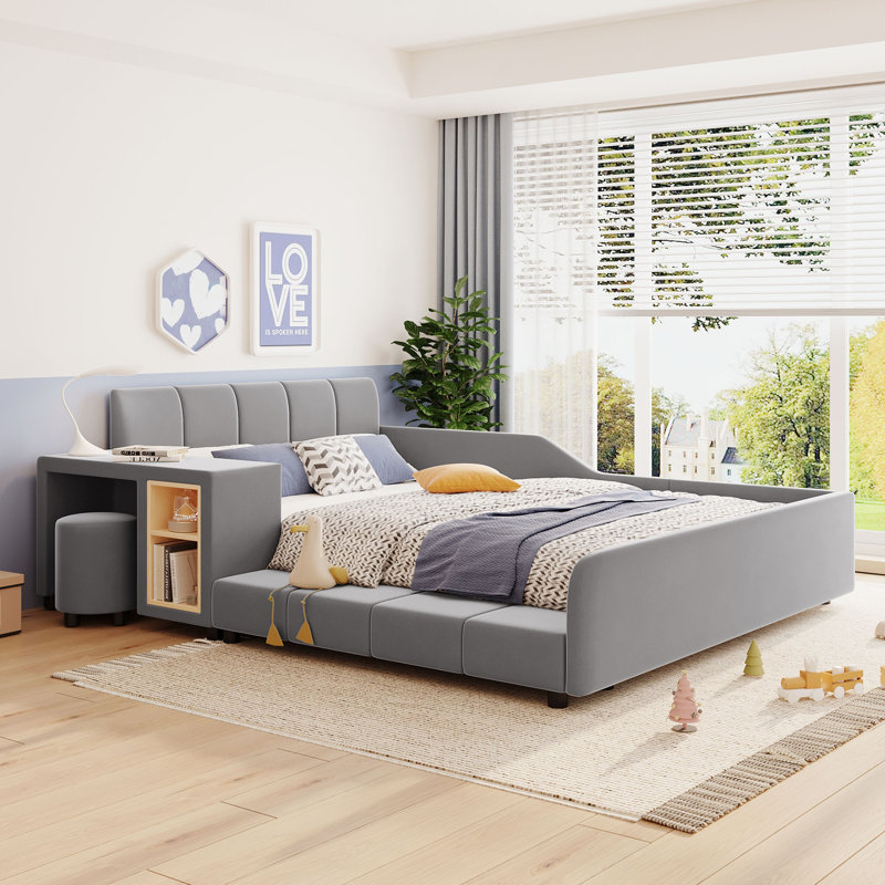 Lit plateforme tapissier en velours - Design mère et enfant avec bureau latéral, structure rembourrée profilée, Gris