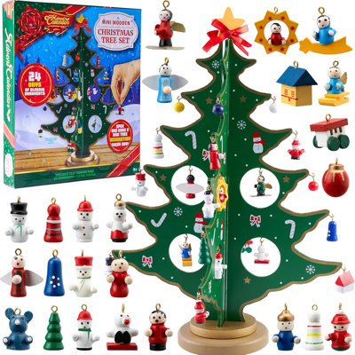 28 Pcs Tabletop Wooden Advent Calendar with 24 Days Countdown, Snowman & Santa Ornaments
