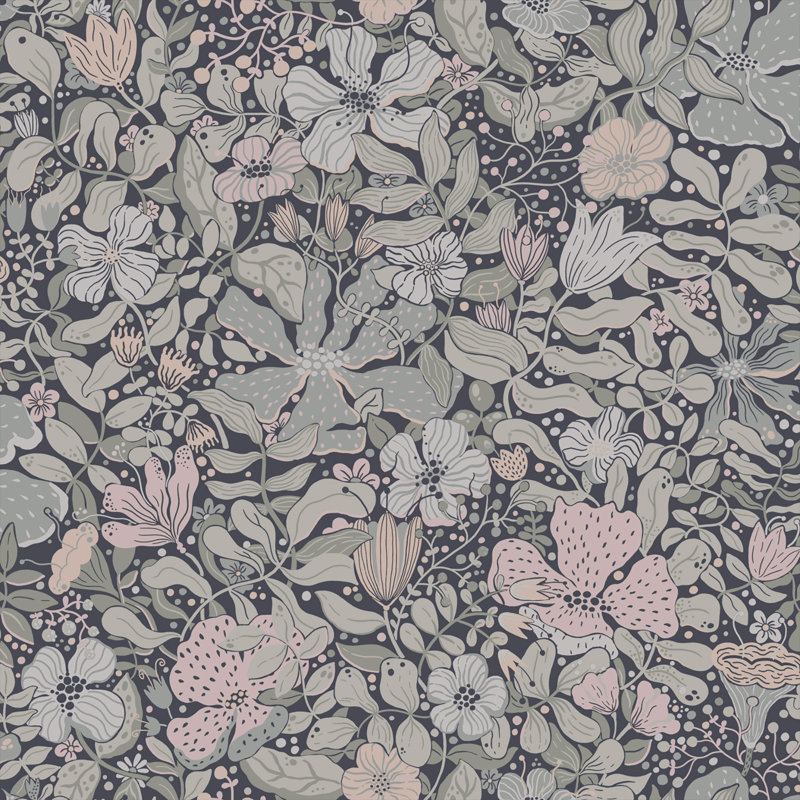 Midsommar Folkart Flowers 10.05m x 53cm Wallpaper Roll, Pink/Green/Navy