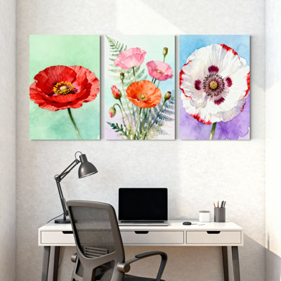 Aquarelle fleur de pavot, ensemble d'art mural sur toile tendue de 3 pièces pour le salon, la chambre à coucher ou la décoration intérieure