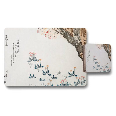 Japanese Floral Placemat And Coaster Set With Elegant Garden Artwork
