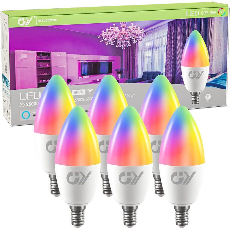GY Smart Bulb C37 E14 Alexa Light Bulbs,6W 600lm 2700K-6500K RGB Dimmable Colour Changing Compatible with Alexa/Google Home 2.4 GHz WLAN,6 Packs