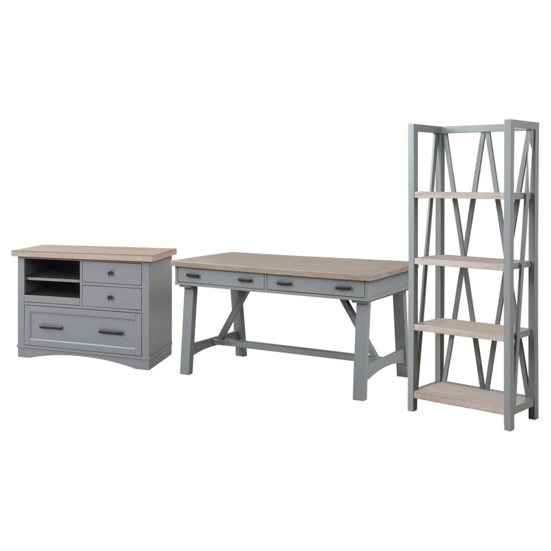 Stapleton Solid Wood Writing Desk with Built-In Electrical Outlet, Weathered Natural Top/Dove Base