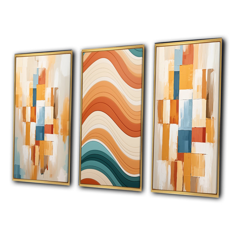 Beige Blue Colorful Retrovisions - 3 pièces, Cadre flottant doré, H 32 po x l 48 po