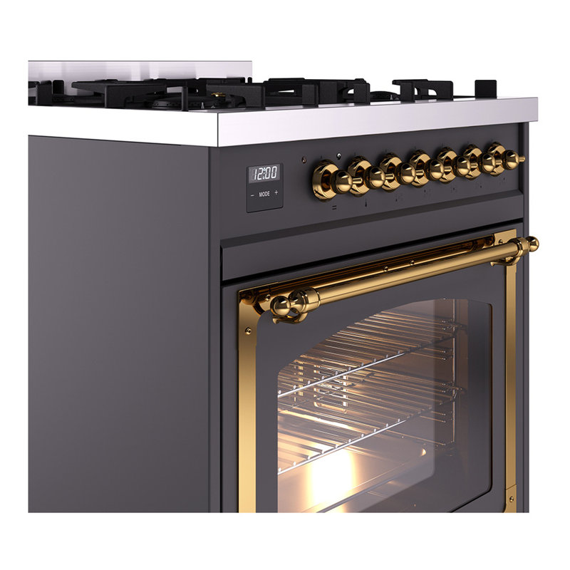 ILVE Nostalgie II Noblesse 30 in Dual Fuel Range, Liquid Propane, Graphite Matte/Brass
