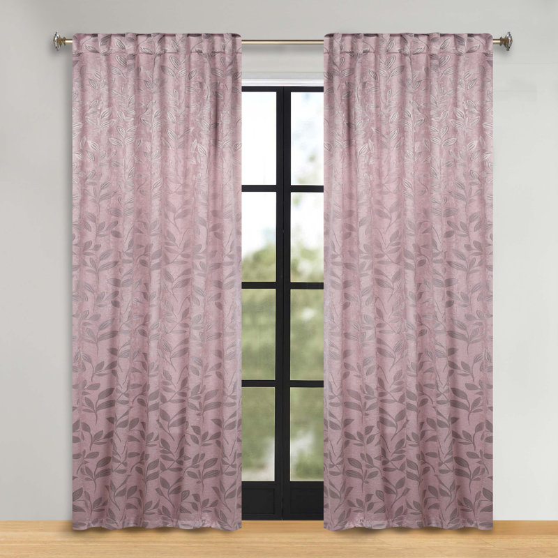  Leaves Pattern Machine Washable 100% Polyester Black Out Curtains with Back Tabs, 52" W x 108" L, Blush