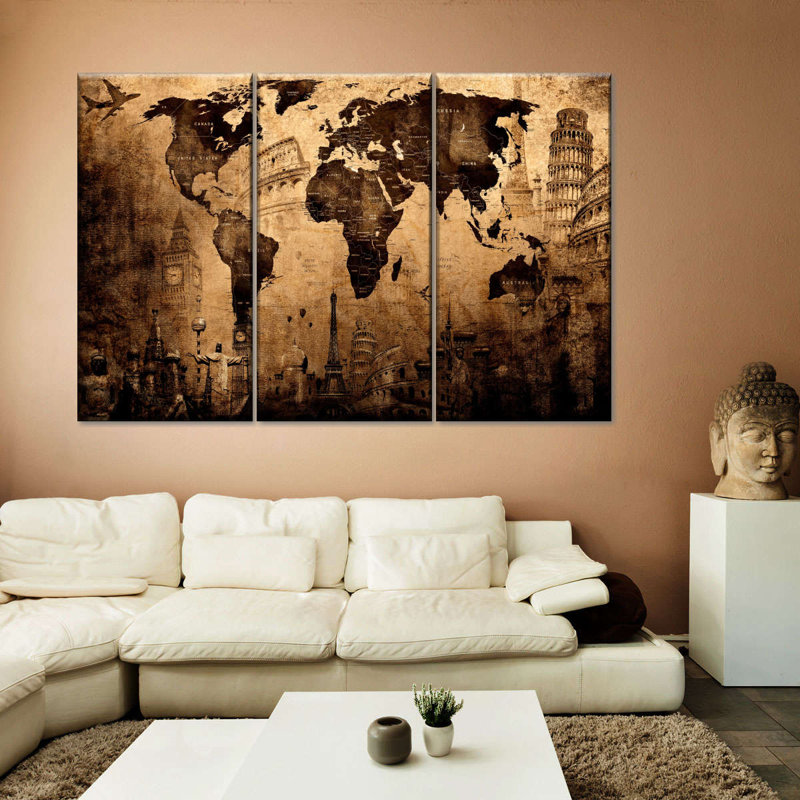 " Old Landmark World Map " 3 - Pieces, 20" H x 33" W x 1.25" D