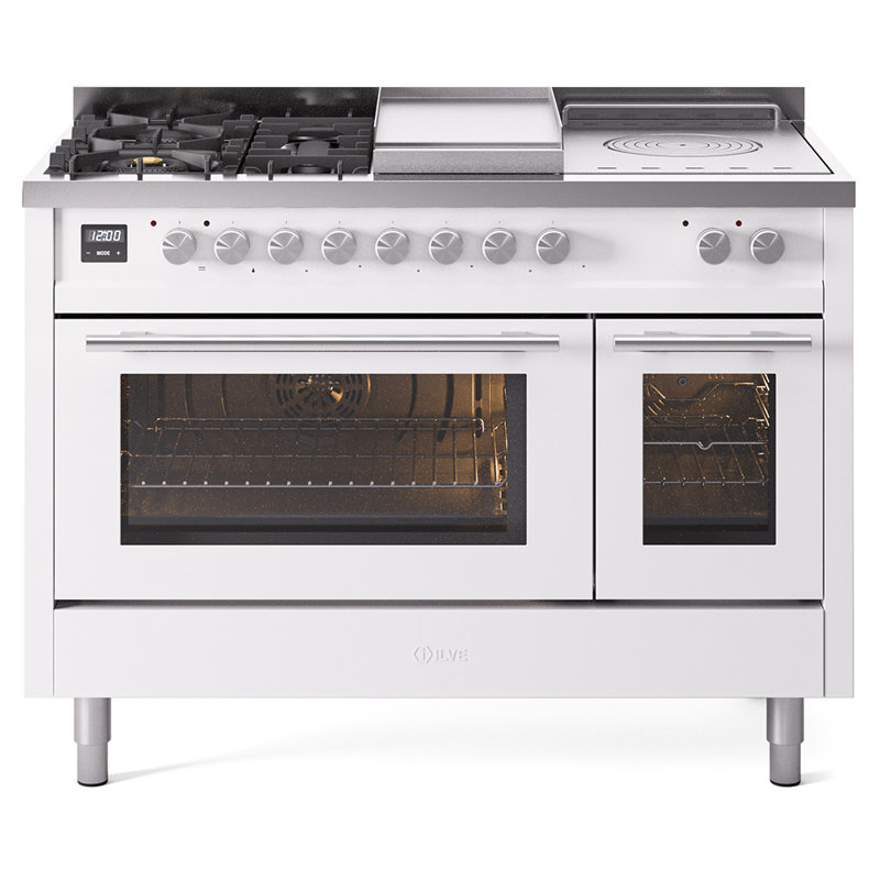 ILVE Professional Plus II 48 Dual Fuel Range, 5 Sealed Burners, Griddle (White), White, Natural Gas
