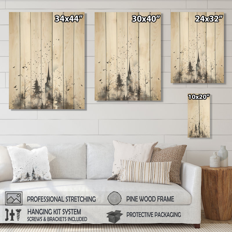 «Minimalist Grey Church Landscape - Church On Wood Print», H 44 po x l 34 po