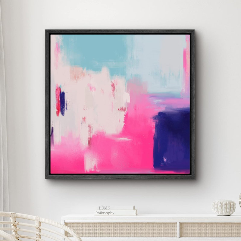 «Pastel Blue and Pink Color Strokes Abstract Modern Art Décor Colorful Wall Art», reproduction sur toile encadrée, Noir