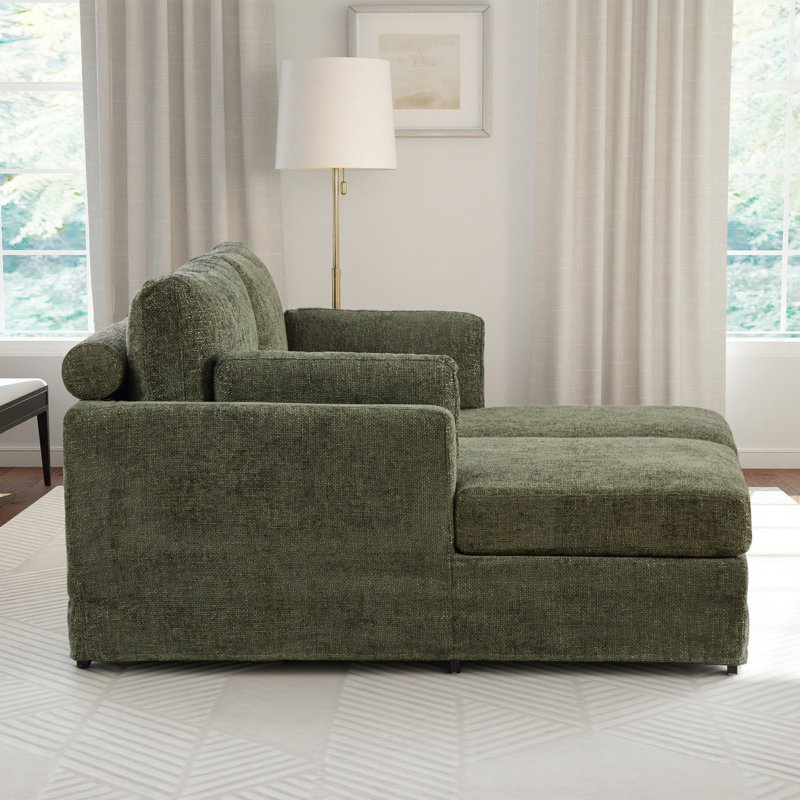 63.4" W Slipcovered Upholstered Chenille Chaise Lounge, Green