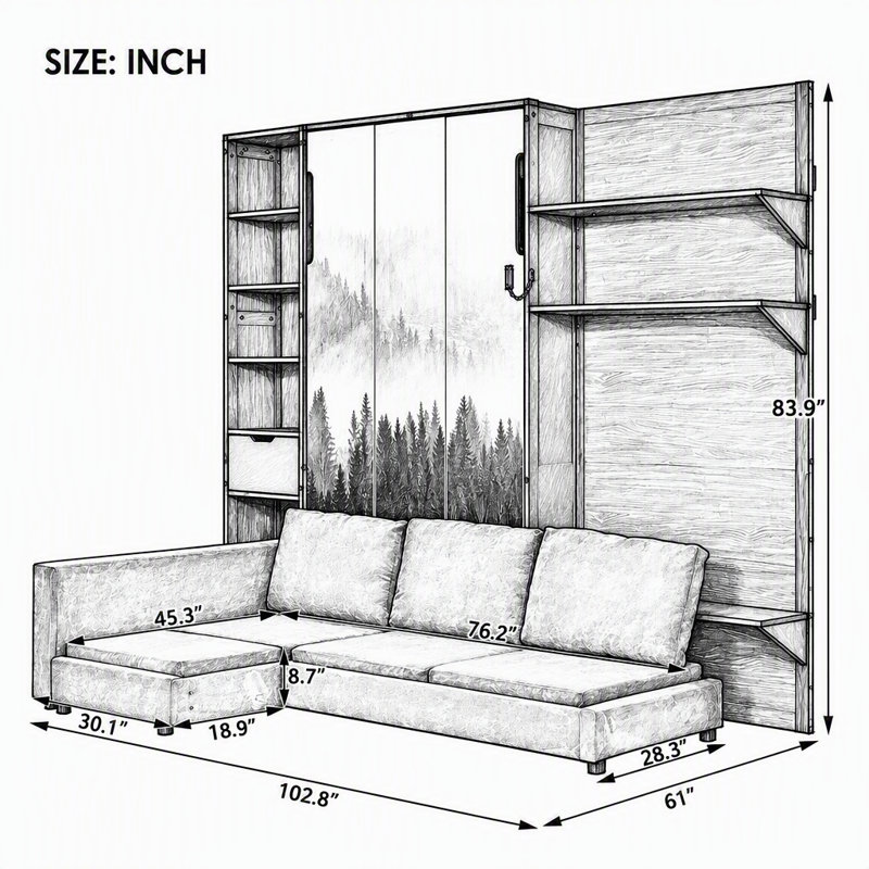 Lit escamotable avec armoire de rangement, étagères ouvertes et port USB, façade de canapé large, panneau imprimé paysage de montagne, lit mural gain de place pour chambre à coucher