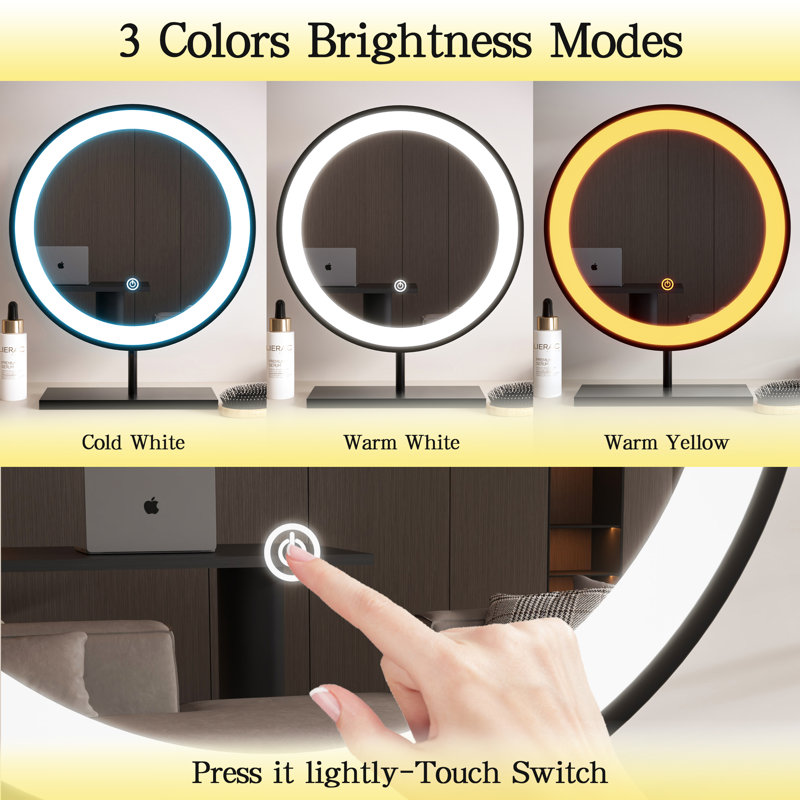 Make Up Round LED Mirror,Touch Swith Standing Vanity Mirror, Black