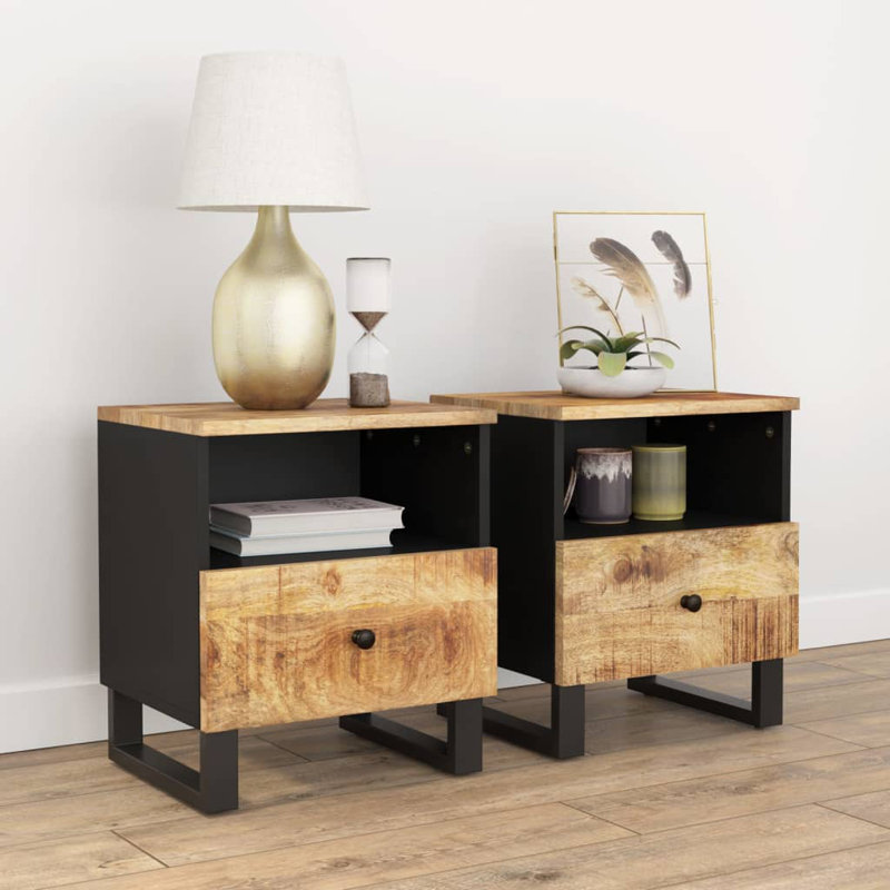 Table de chevet en bois massif Grettel, Brun clair/noir, Ensemble de 2