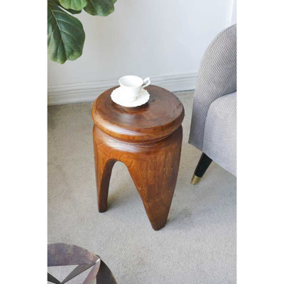 Table d'appoint en bois, 28 x 28 x 42 cm, fini brun, style asiatique, plateau rond épais, trois pieds, fini brun texturé, profondeur asiatique