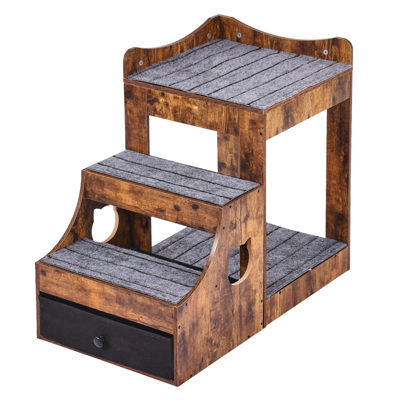 Rustic Brown Wooden Pet Bunk Bed with Storage and Stairs